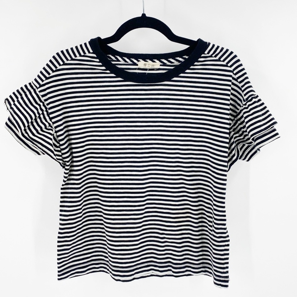 Madewell black white striped semi cropped ruffled short sleeve boxy minimalist